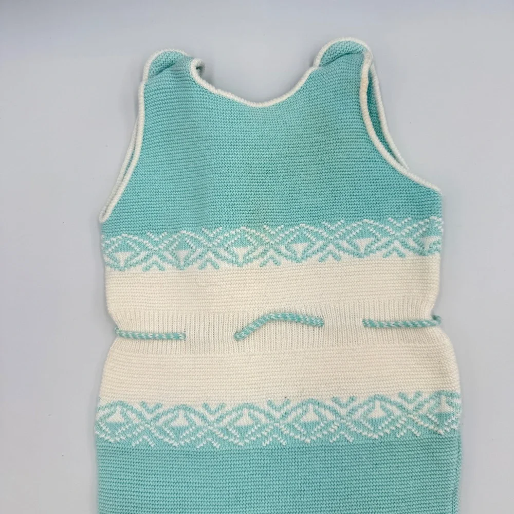 Vtg 70-80s Friedknit Creations Baby Romper 6–12M Turquoise Knit Footed One-Piece